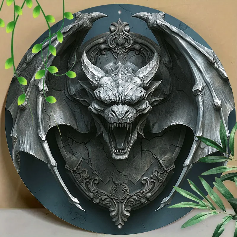 Aluminum Demon Statue Wall Art - 7.87inch Round Waterproof Metal Decor for Office, Bedroom, Coffee Shop, Bar, Living Room