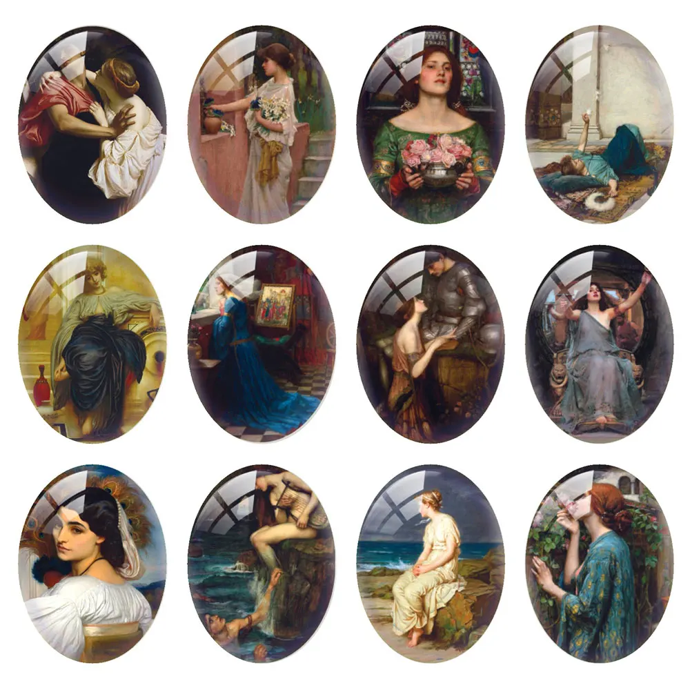 10pcs/lot Oval Photo Glass Cabochon Flatback Charms Retro Figure Oil Painting Demo Flat Back Cameo Diy Jewelry Making Findings