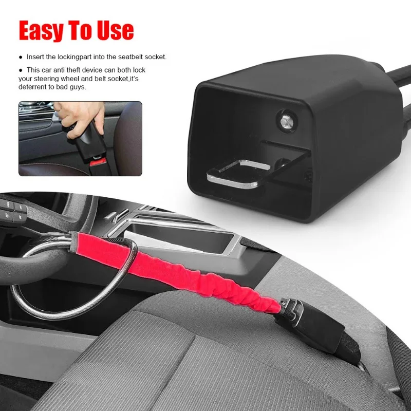 Car Steering Wheel Lock With Seat Belt Socket Steel Rope For Truck SUV Van RV With 3 Keys Universal Anti Theft Protection Device