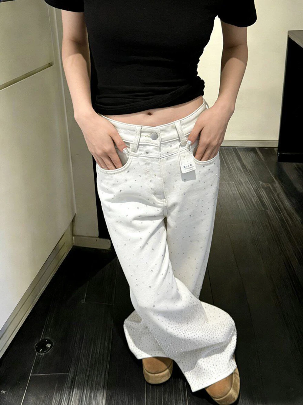 White Starry Sky Diamond Jeans Autumn New Women's High Waist Loose Wide Leg Pants Fashion Versatile Baggy Denim Trousers