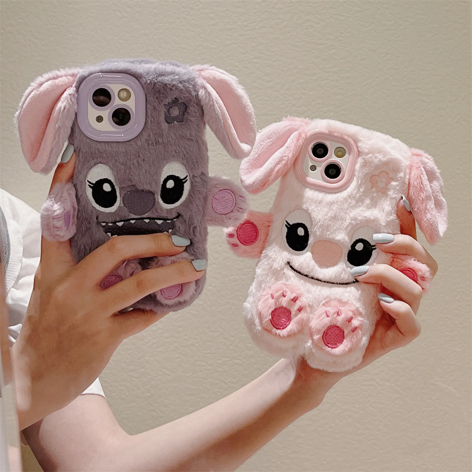 Coque de téléphone en peluche Disney Stitch Anime, rose, violet, bleu, dessin animé, mignon, broderie, iPhone 14, Apple 15, 16 Pro Max, cadeau pour fille, couple