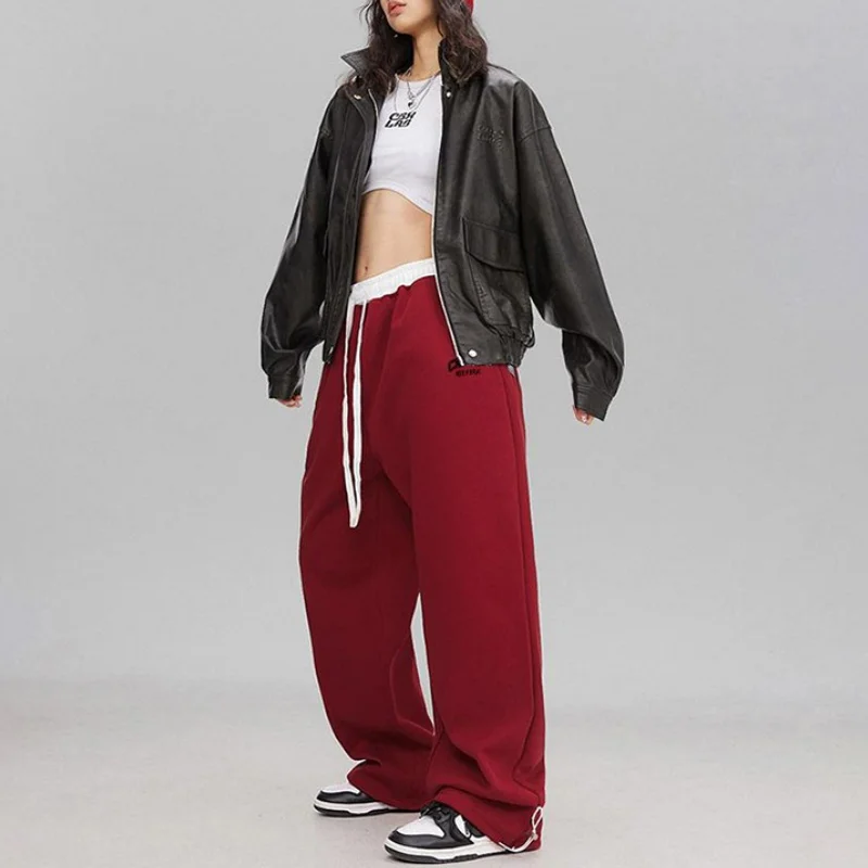 Lamuusaa y2k Jogger Pants Women Casual Contrast Color Letter Pattern Elastic Waist Baggy Loose Trousers 2000s Sweatpants Bottoms