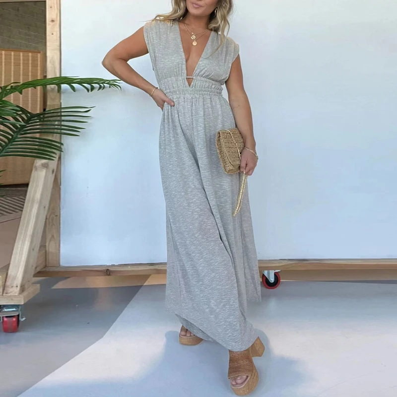 

Women Deep V-neck Sleeveless Long Jumpsuit 2024 Summer Office Ladies Wide Leg Pants Combination Elegant New Solid Waist Overall