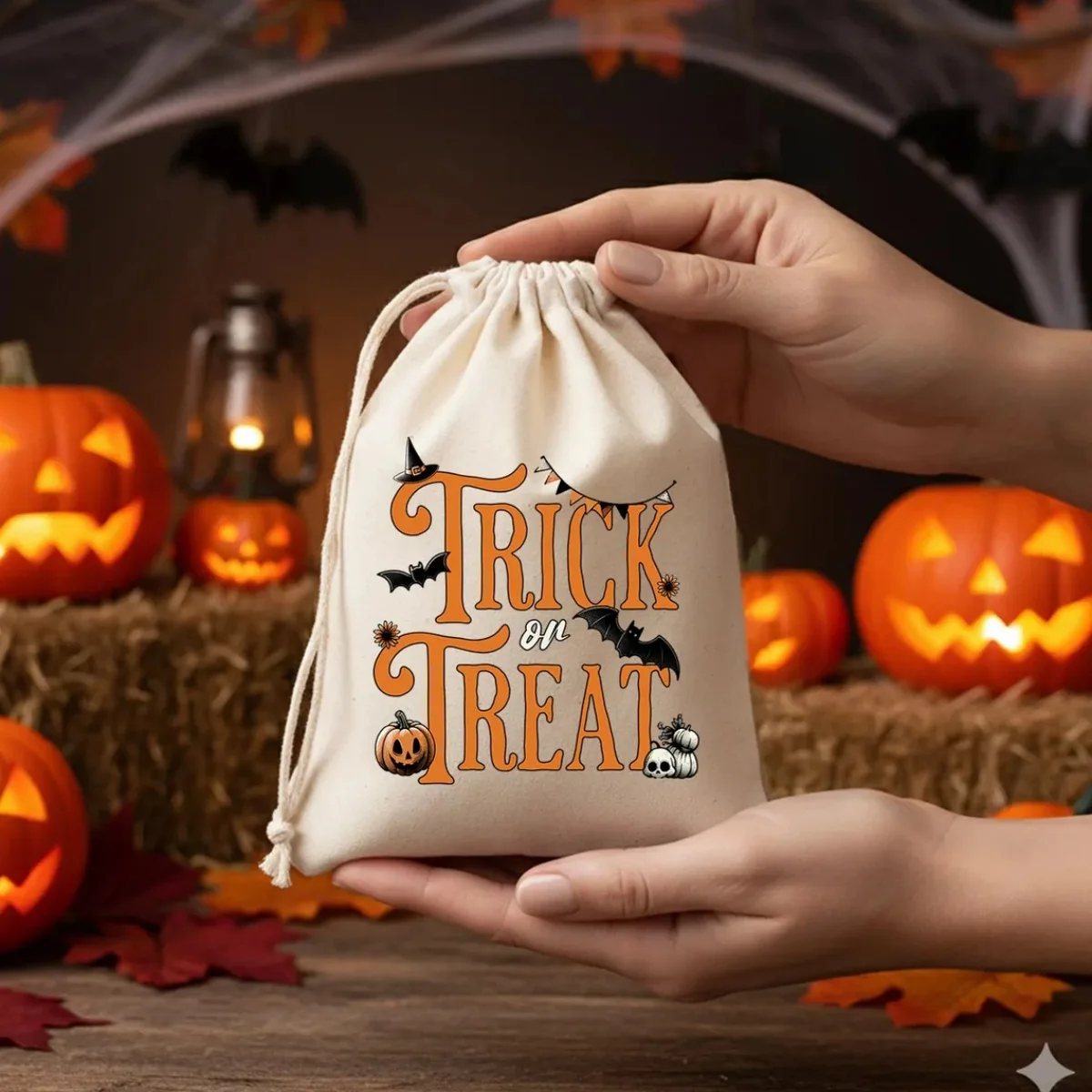 

24pcs Halloween Cotton Favor Bag: Custom Logo Trick or Treat Pouch
