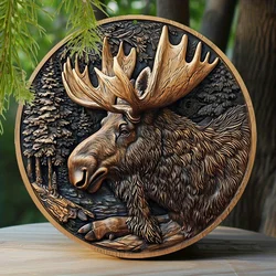 Faux Wooden Carved Painted Circular Wreath Sign Kitchen Decoration Father's Day Gifts Moose Themed Decoration H351