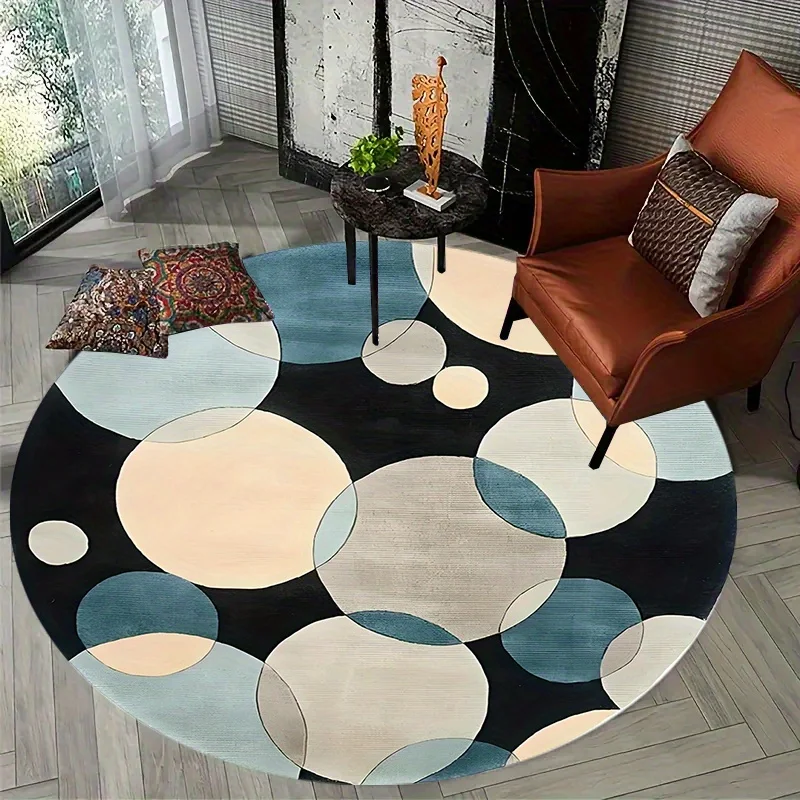 Modern Geometric Overlapping Circles Round Rug  Black Base Teige Beige Grey Circular Non Slip Floor Mat for Living Room Office