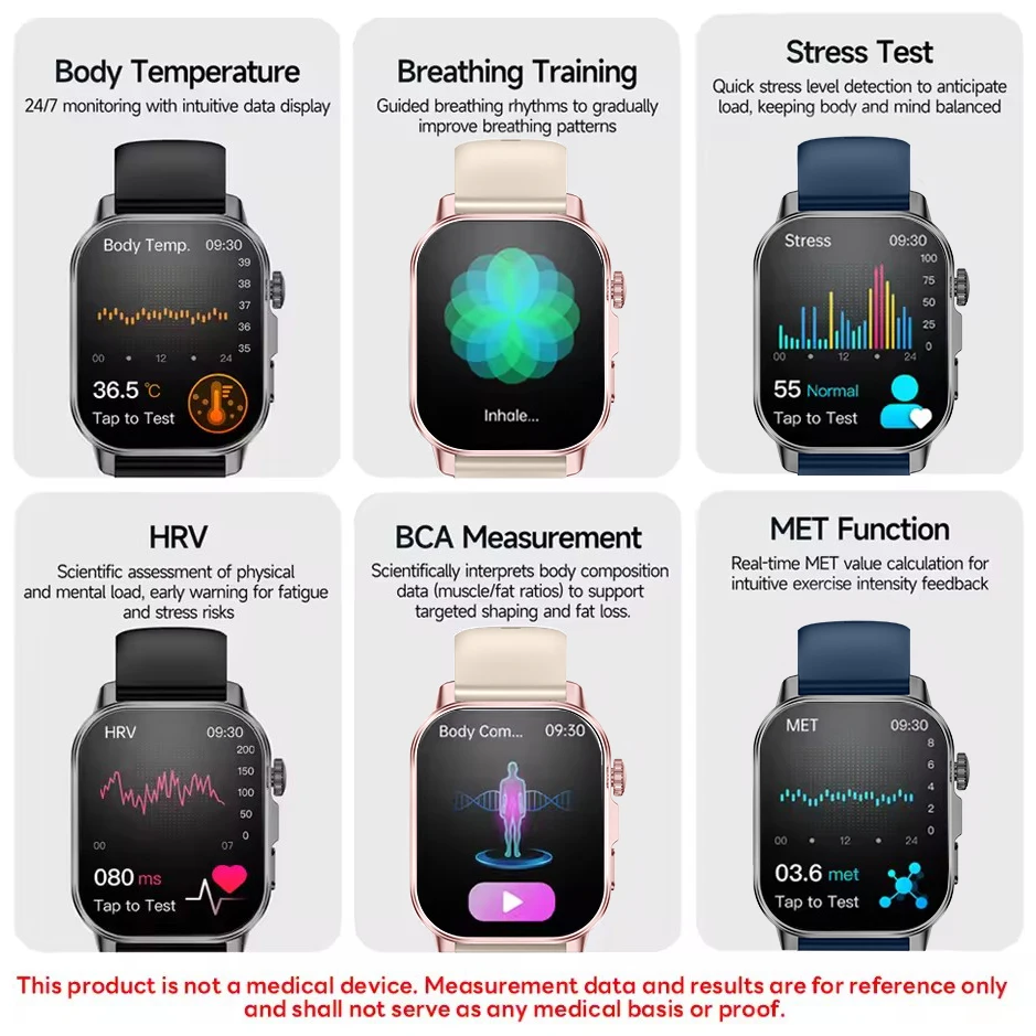 2026 패션 건강 스마트워치 여성용 2.0인치 AMOLED ECG 신체검사 체지방 요산 심박수 BT 통화 스마트워치 여성용