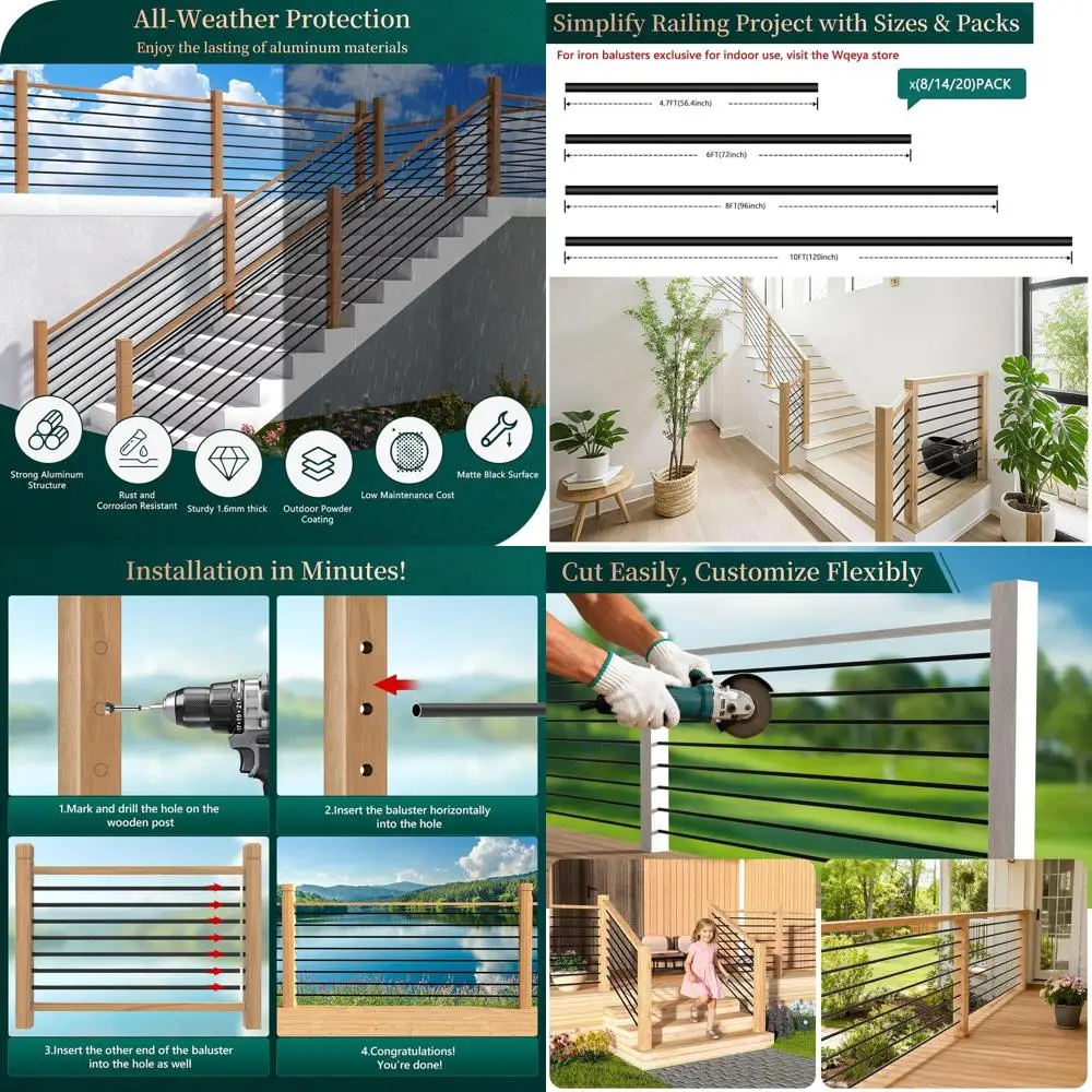 

Набор из 8 штук: горизонтальные алюминиевые балясины 6063 (1,4 м x 1,6 см), матовые черные круглые балясины для лестниц, полые балясины для использования внутри/на улице