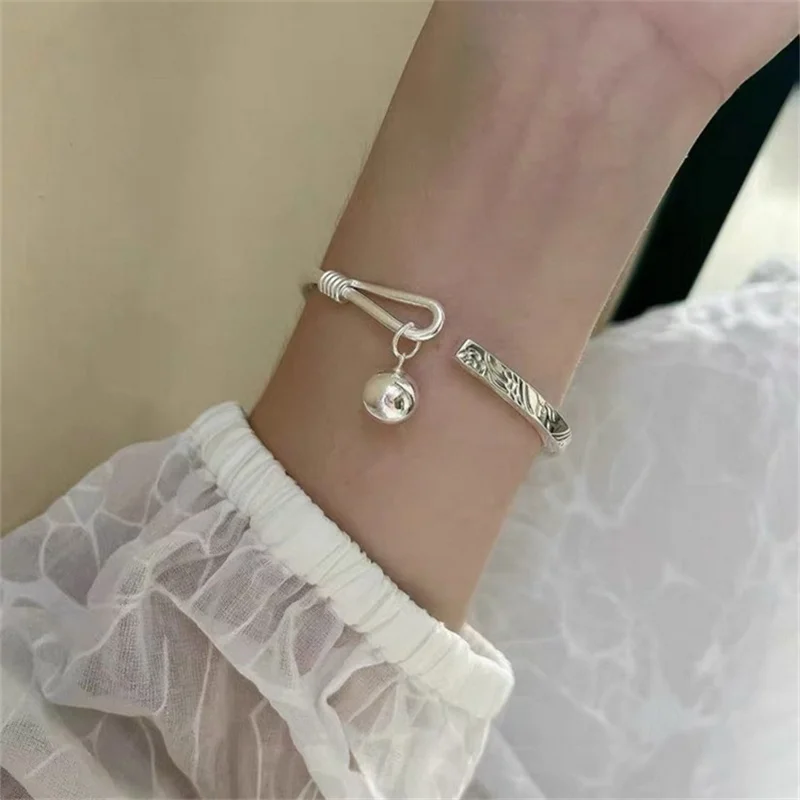 999 Sterling Silver Open Cuff Bangle for Women Engraved Scroll Floral Pattern with Dangling Round Bell Charm Vintage Oriental St