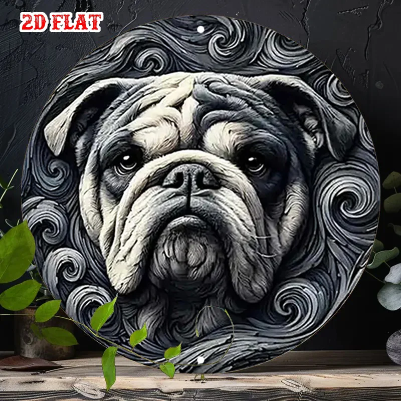 2D Flat, 1pc Vintage English Bulldog Metal Wall Decor - Black & White Retro Round Sign with Expressive Eyes, 19.81cm Heavy Fac