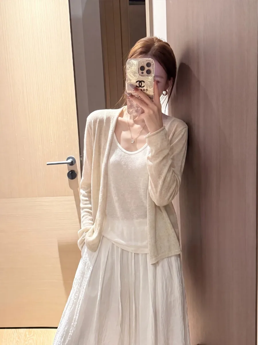 Korean Style Slim Fit Knitted Cardigan Women's Early Autumn Tank Top Outerwear Shawl Air Conditioning Top Elastic Long Sleeve