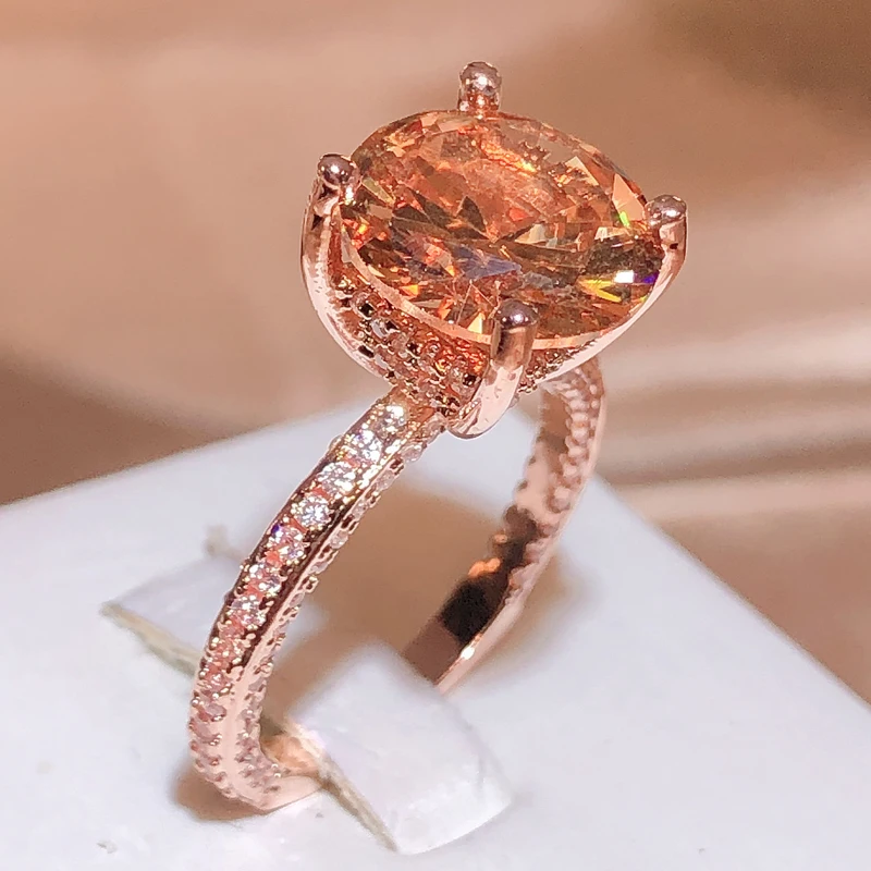 New Round Orange Zircon Rose Gold Ring Female 925 Stamp Fashion Romantic Proposal Party Jewelry Gift Couple