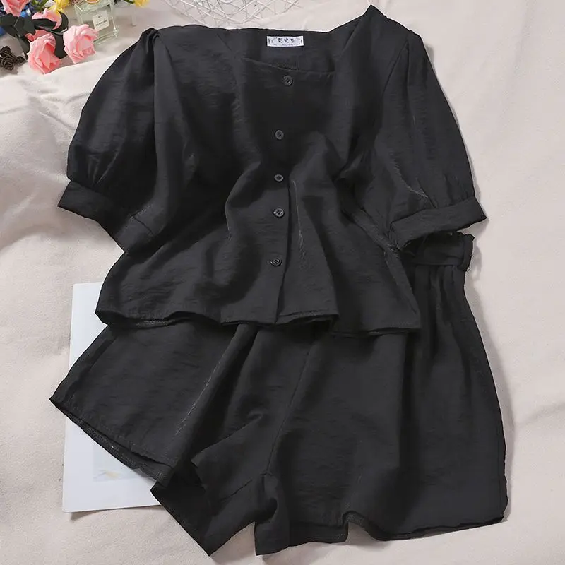 Summer New Square Neck Bubble Sleeve Shirt Top Elastic High Waist Wide Leg Shorts for Women\'s Short Sleeve Casual Two Piece Set