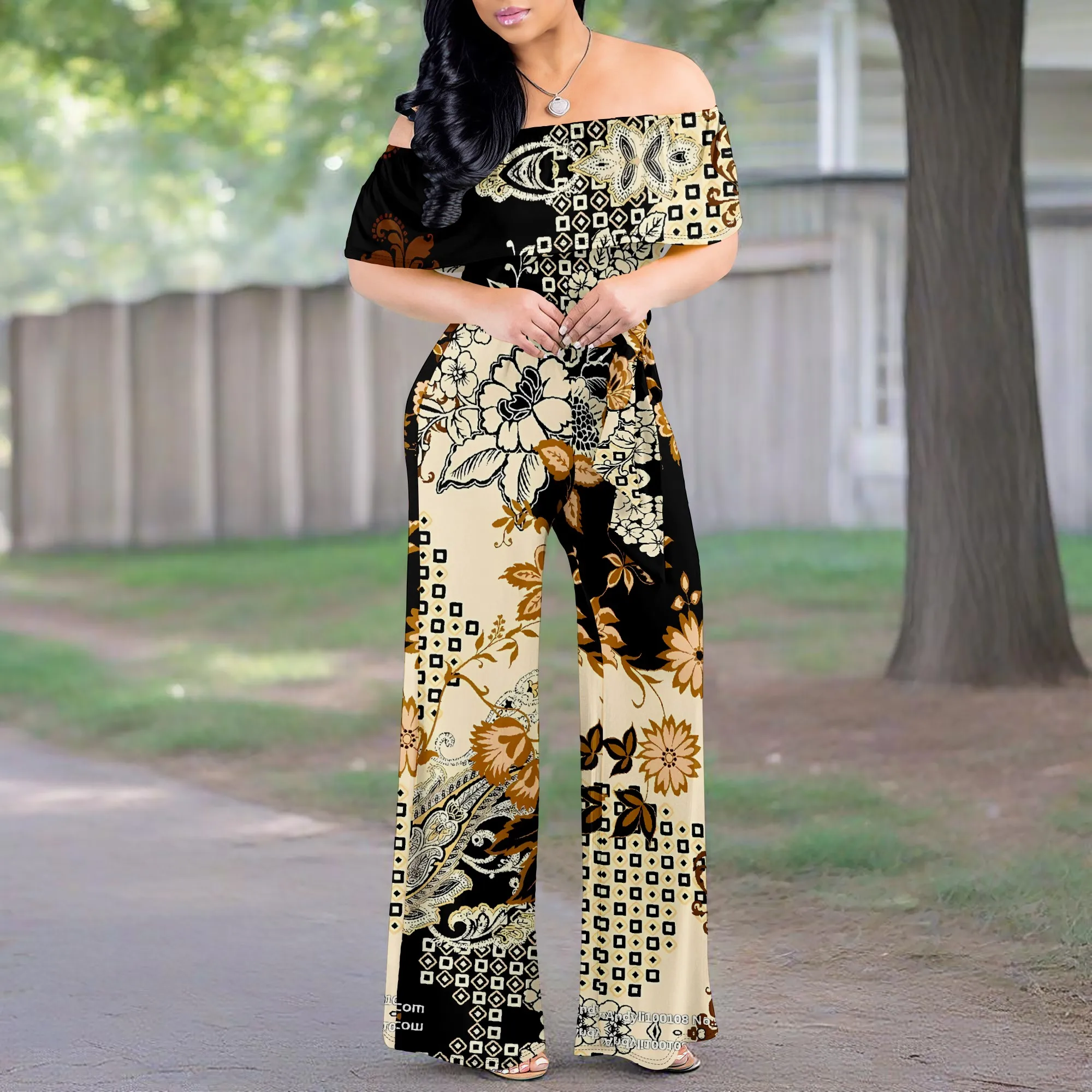 

Yellow Retro Floral Print Off Shoulder Wide Leg Jumpsuit Women Summer Casual Romper