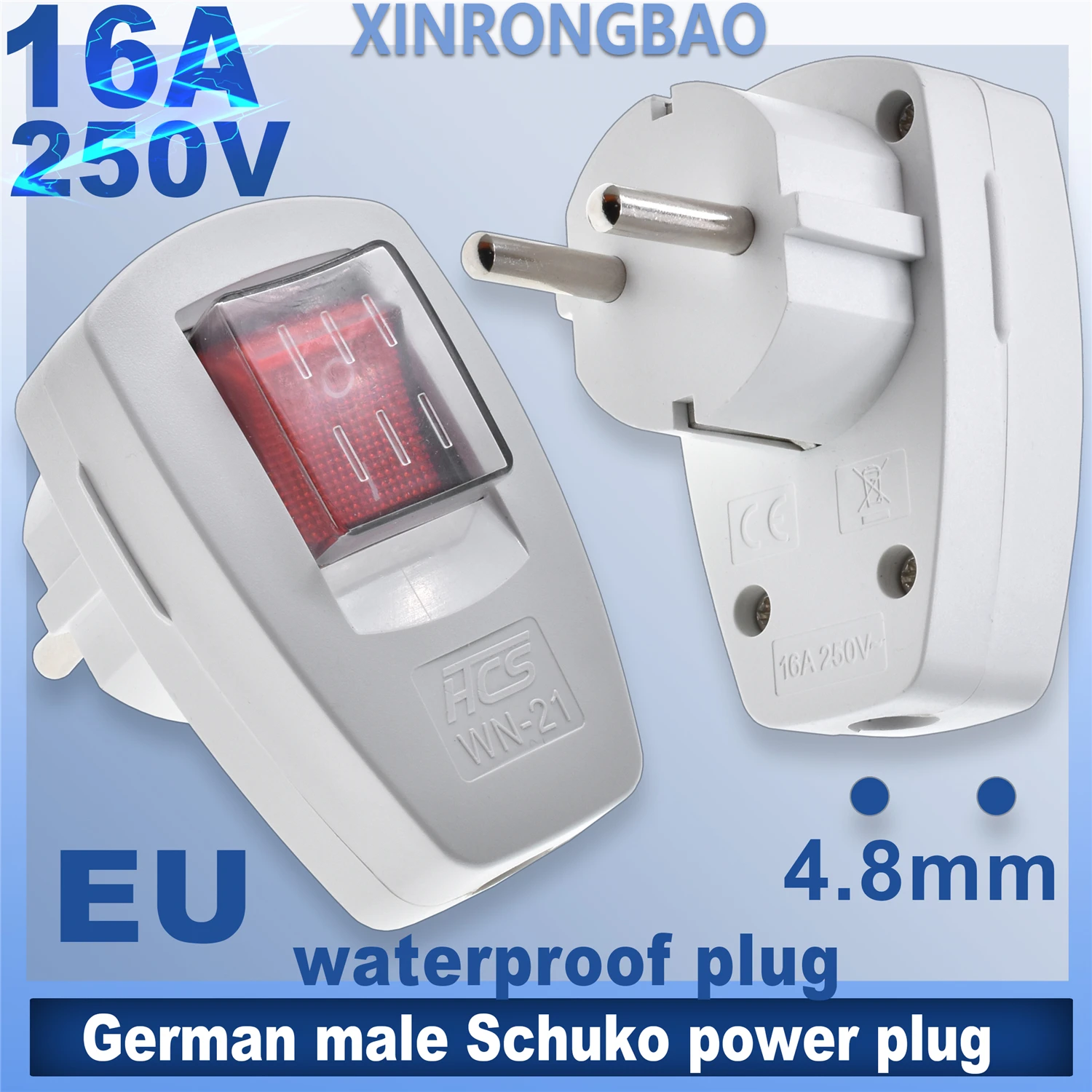 waterproof outdoors German male Schuko power plug with switch replaceable rewiring plug converter EU adapter socket connector16A