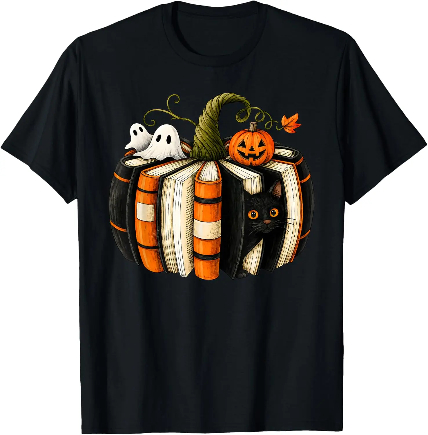Halloween Reading Pumpkin Book Cat Ghost Librarian Teacher T-Shirt Halloween Loose-Fit Pure Cotton Short-Sleeve Top – Stylish, Breathable, Plus-Size – Christmas Gift