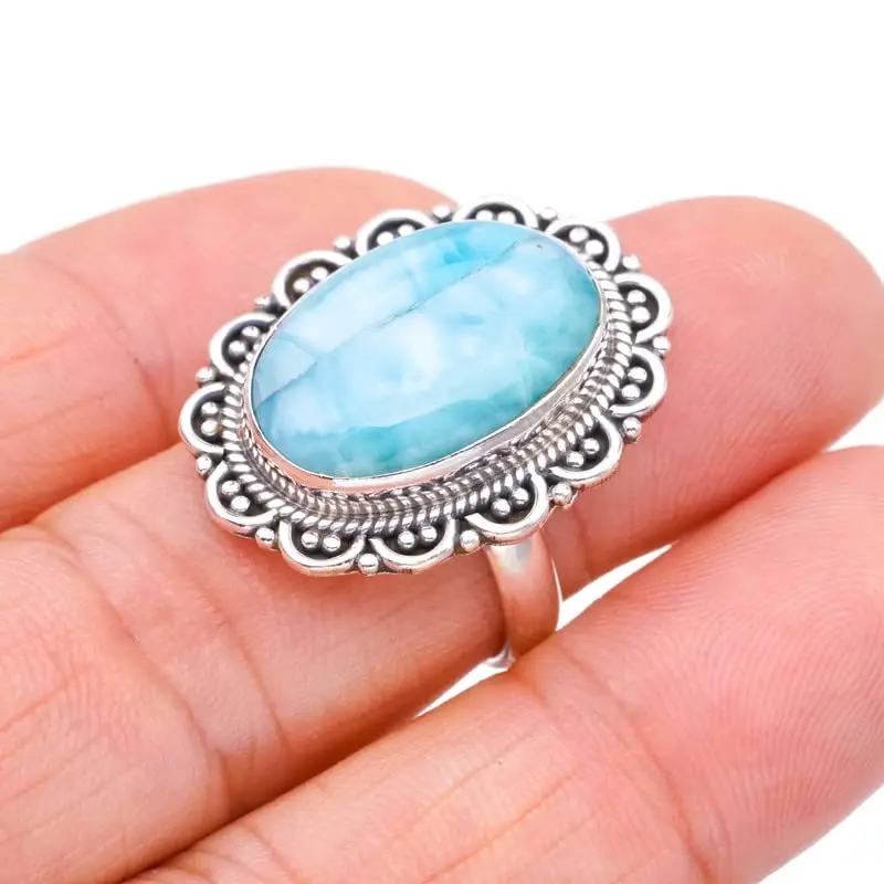 StarGems® Natural Larimar Handmade 925 Sterling Silver Ring 6.75 F2781