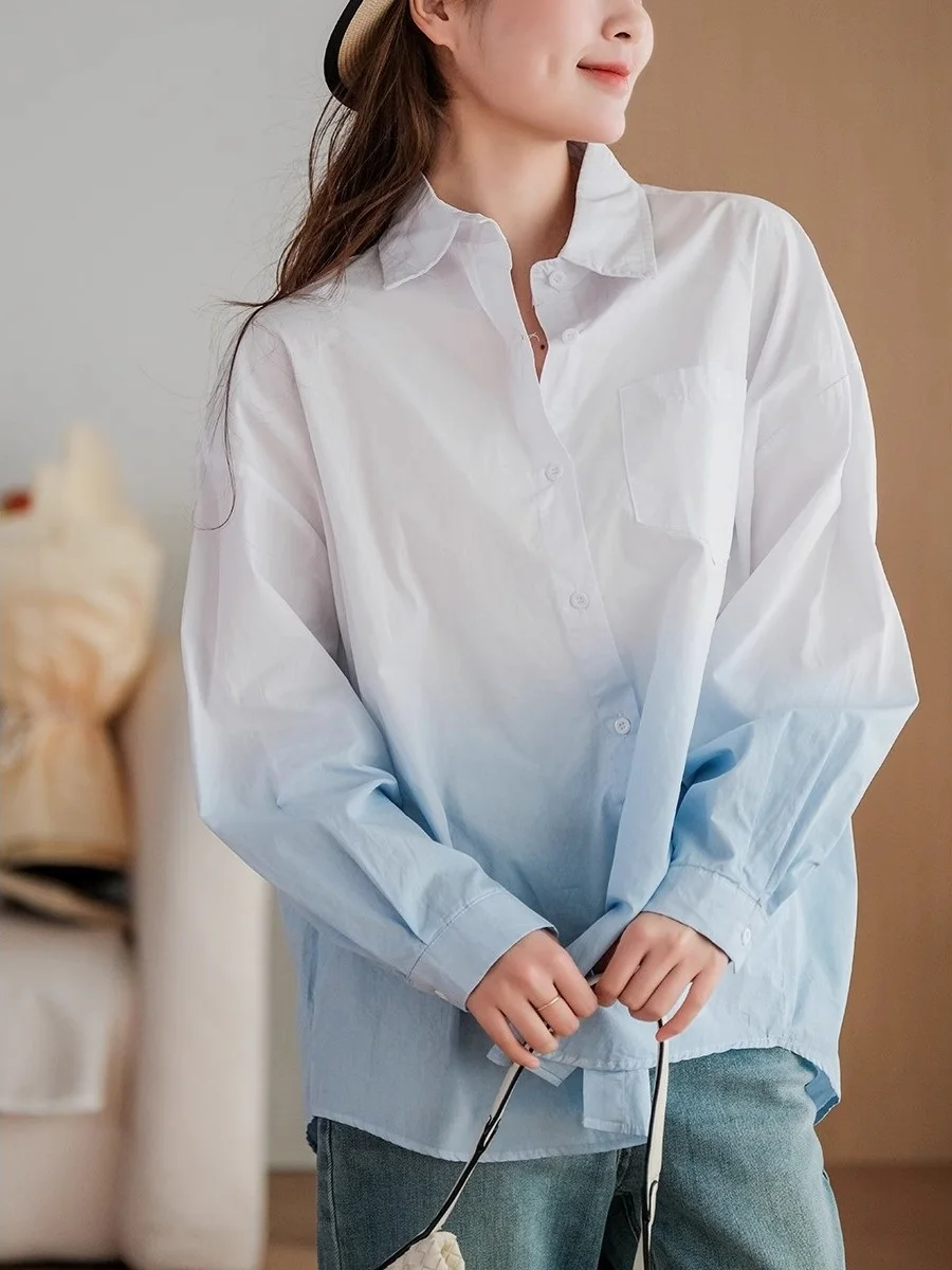 Printemps automne pur coton femmes irt couleur Blo ample Sle réduction de l'âge conception décontracté polyvalent Fem haut français Sle