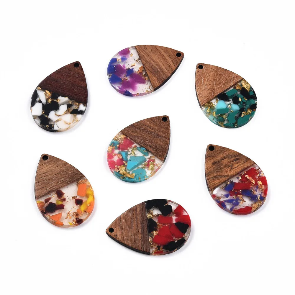 20Pcs Resin Wood Pendants Teardrop Foil Resin Walnut Wooden Earring Charms for Jewelry Vintage DIY Necklace Pendant Craft Making
