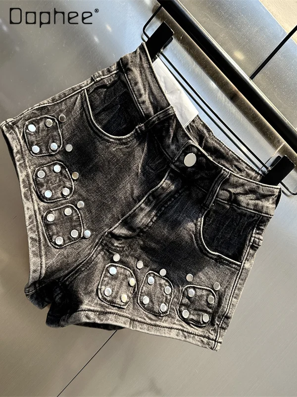 Street Punk Style Hot Girl High Waist Denim Shorts Summer New Fashion Sexy A-line Shorts Solid Color Versatile Casual Pants
