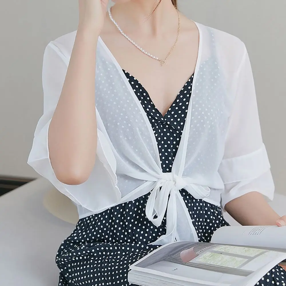 Pagoda Sleeve Chiffon Small Shawl Jacket Transparent Lace Up Chiffon Cardigan Shirt Short Sleeve Korean Style