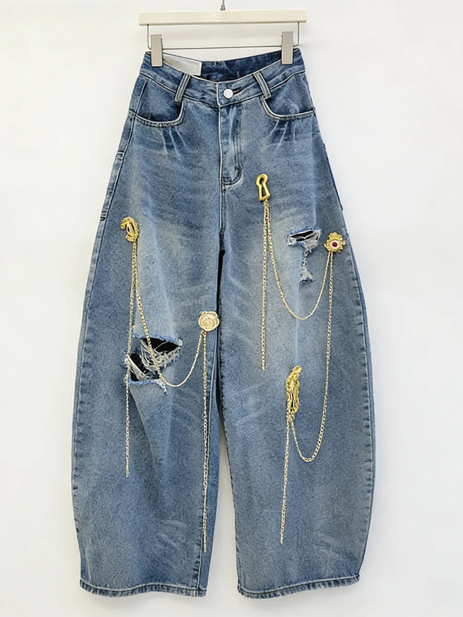 GALCAUR Hit Color Spliced Pockets Casual Jeans for Women High Waist Patchwork Tassel Hollow Out Pants Female Fashion New Style