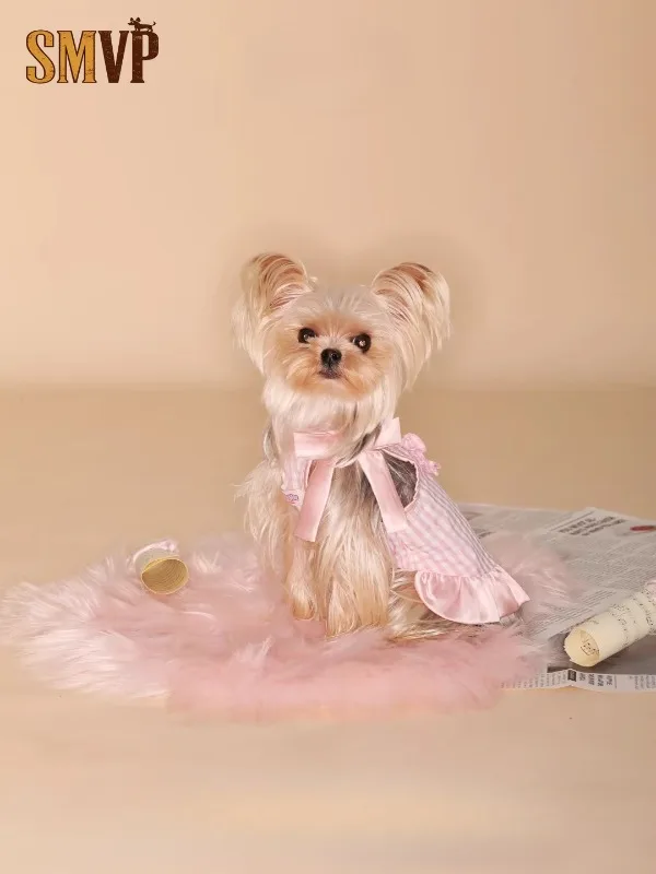 

Original Design Korean Pink Plaid Satin Bow Strap Dress with A Soft and Textured Pet Kitten Small Dog Dress