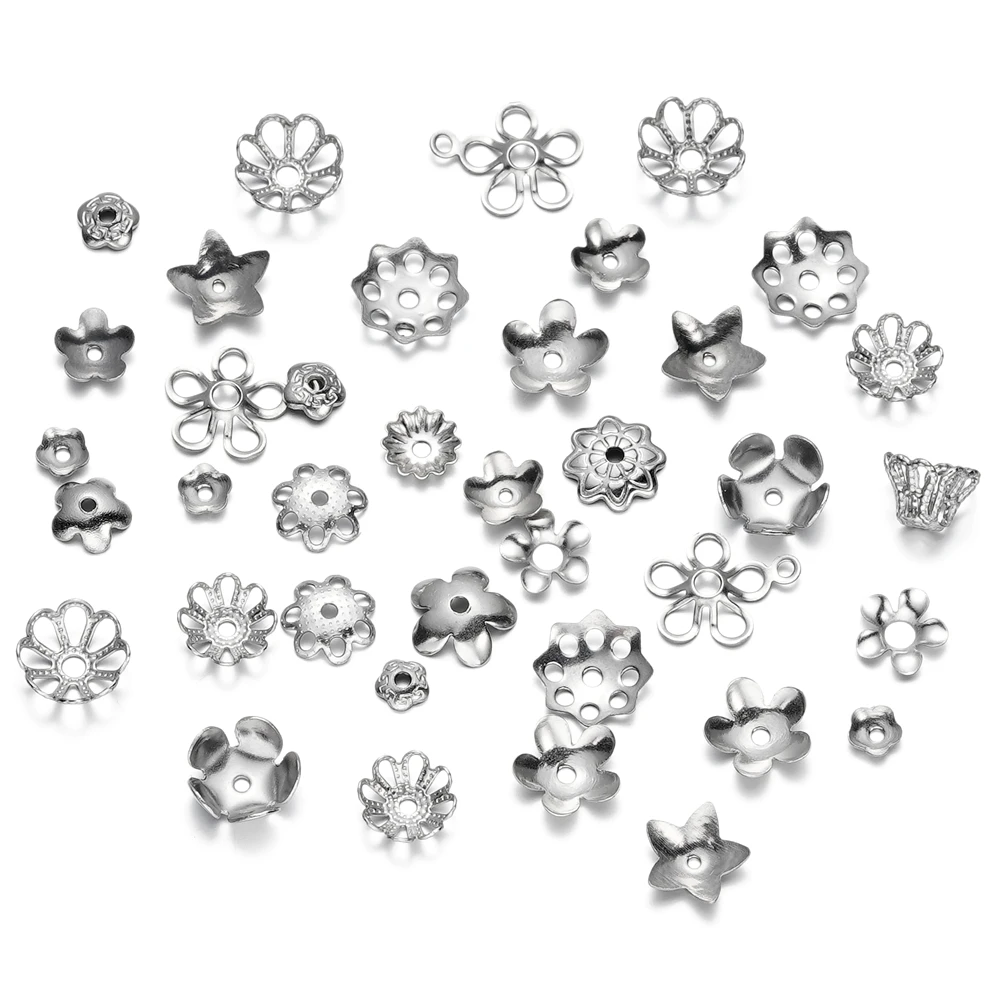 

20/50Pcs/Lot 15 Style Stainless Steel Leaf Flower Bead End Caps Spacer Bead for DIY Jewelry Making Bracelet Necklace Accessories