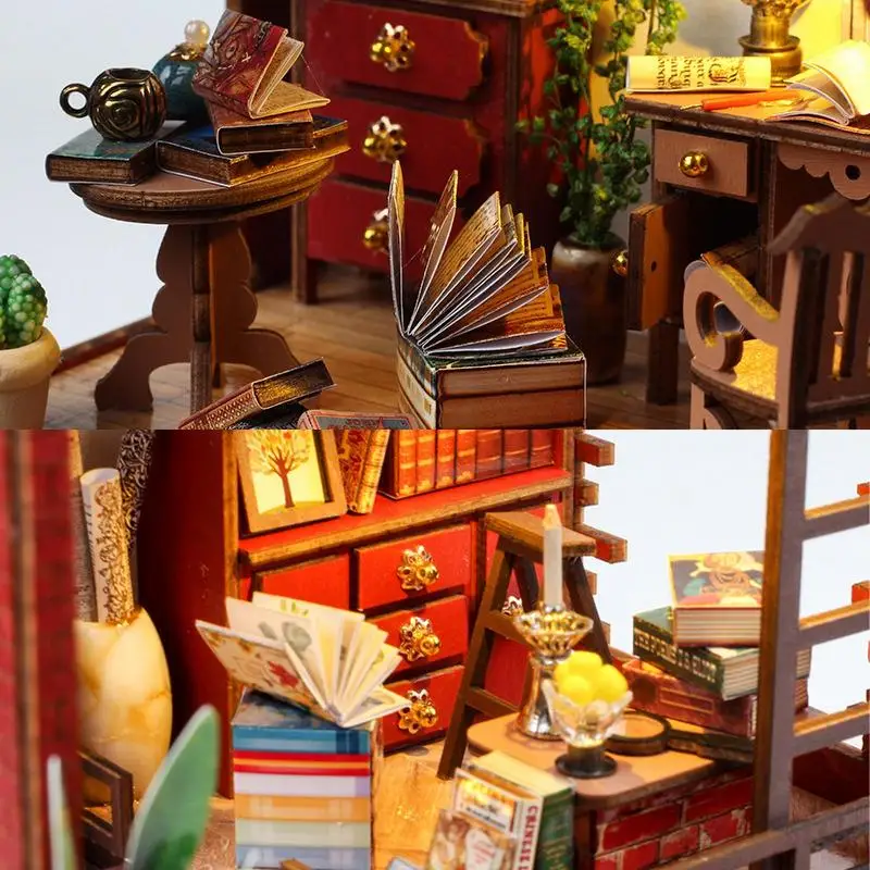 Kit de libro de bricolaje, rompecabezas de madera 3D con muebles y LED, Mini decoración de estantería en miniatura