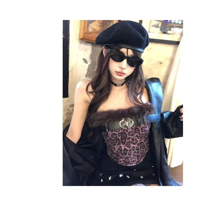 

Утягивающая рубашка на одно плечо с леопардовым принтом, нижняя рубашка с меховым воротником и поясом, топ-труба, популярный топ для девочек, женский осенне-зимний топ