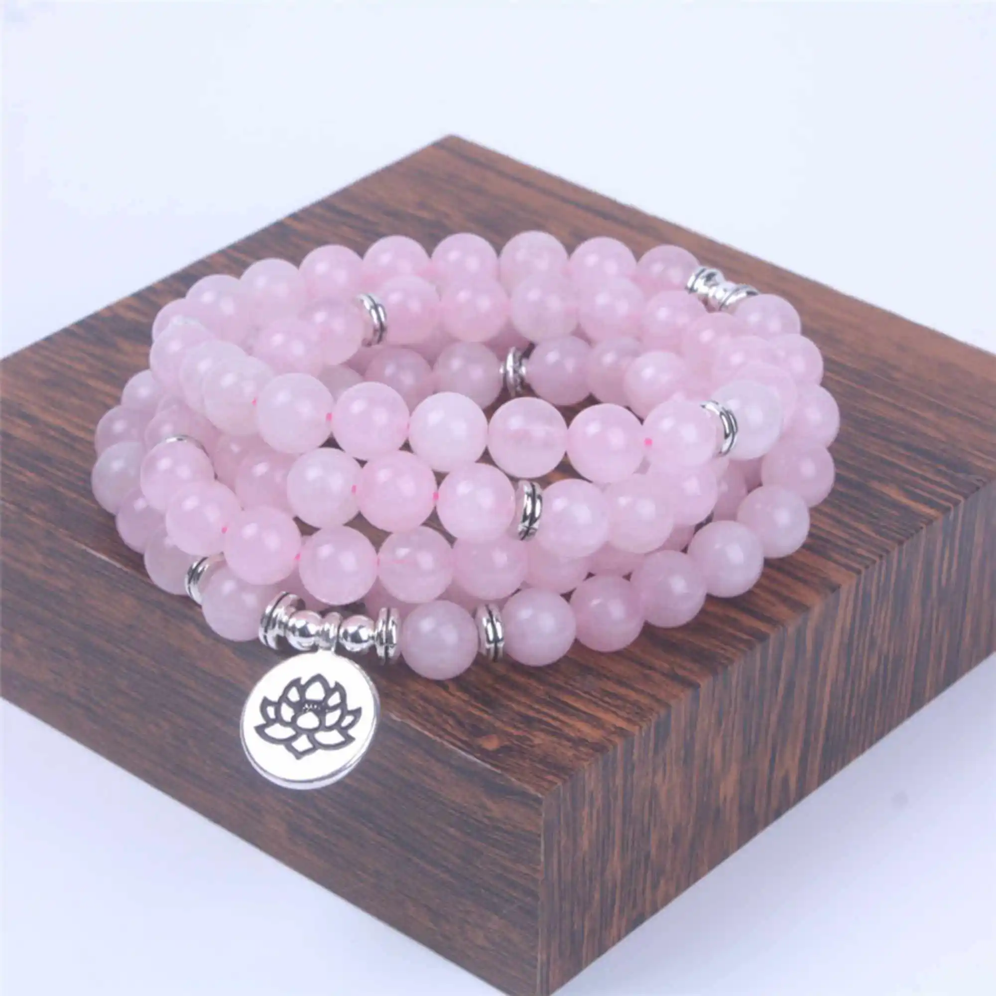 

8mm 108 pink crystal OM pendant Buddha bead bracelet pray Gemstone Trendy Relief Handmade Energy Women Link Mala Prayer