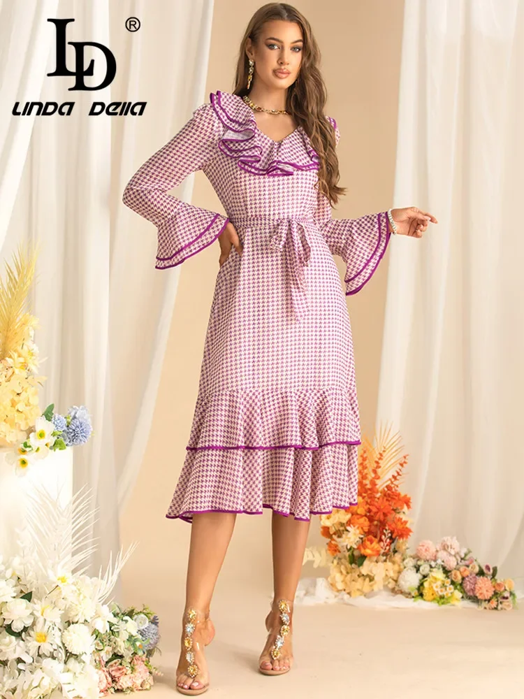 

Женское элегантное платье LD LINDA DELLA в фиолетовую клетку, осеннее, с расклешенными рукавами, оборками, шнуровкой, облегающее, для молодых девушек