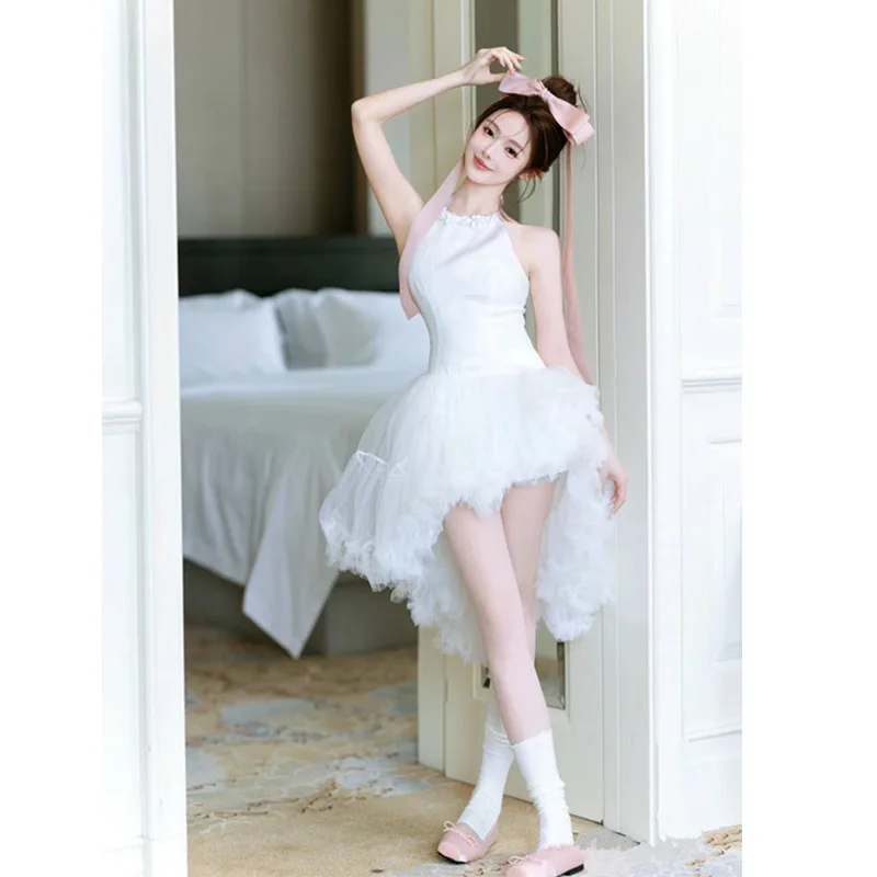 

Ele White Dr Wedding Ceremony New Bride Par Engagement Travel Photoaphy Morning Robe ort Puffy Skirt mid Waist