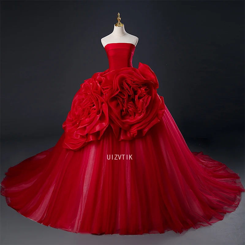 Robe de soirée longue rouge luxueuse pour femmes, motif Floral 3D, classique, sans bretelles, robe de bal élégante avec traîne Court, robe de Gala de célébrité