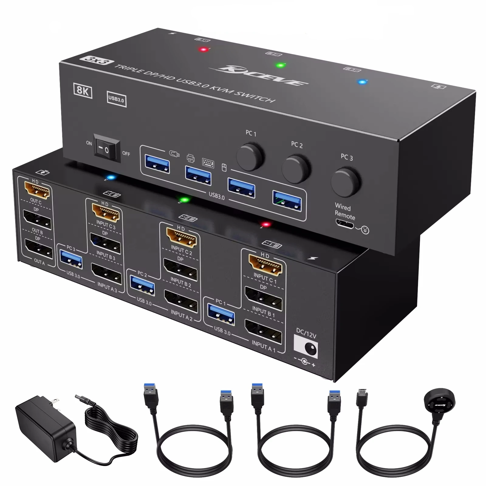 

8K USB 3.0 HDMI 2.1 DP 1.4 KVM Switch 3 Monitors 3 Computers, 8K@60Hz,4K@144Hz Triple Monitor KVM with 4 USB 3.0 Ports 2024 New