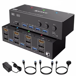 8K USB 3.0 HDMI 2.1 DP 1.4 KVM Switch 3 Monitors 3 Computers, 8K@60Hz,4K@144Hz Triple Monitor KVM with 4 USB 3.0 Ports 2024 New