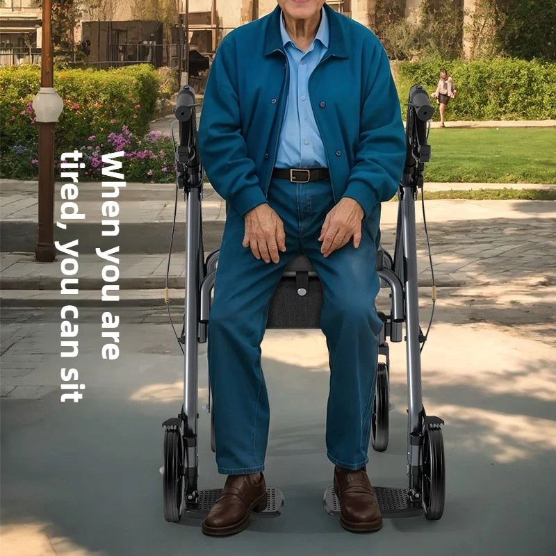 ‌Anti-Fall Mobility Walker for Seniors Sturdy Walking Aid Seat Wide Cushion Dual Footrests Shopping Basket Handcart Support‌