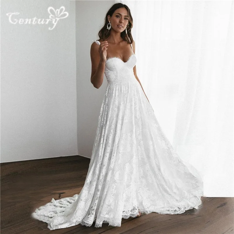 Boho Wedding Dresses for Women Bride 2025 A Line Lace Straps Backless Sweep Train Rustic Garden Bridal Gowns Customized