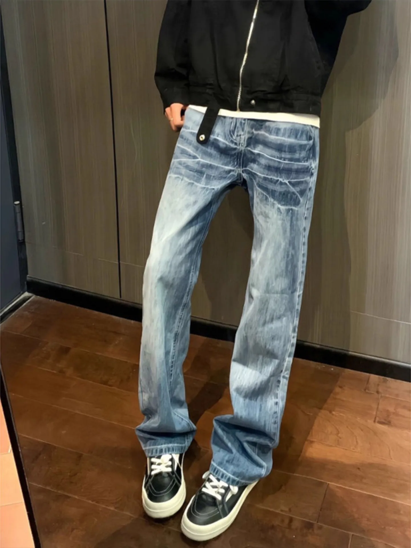 Washed Blue Lightning Pattern Jeans Men's Handsome American Style Cleanfit Flared Knife  Soldier Pants Youthful Sensation