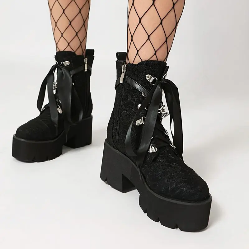 

ORCHALISA/Новая обувь, модные женские ботильоны, круглый носок, 7 см, блочный каблук, платформа, цепочка, металлический декор, шнуровка, размер 43, повседневный стиль