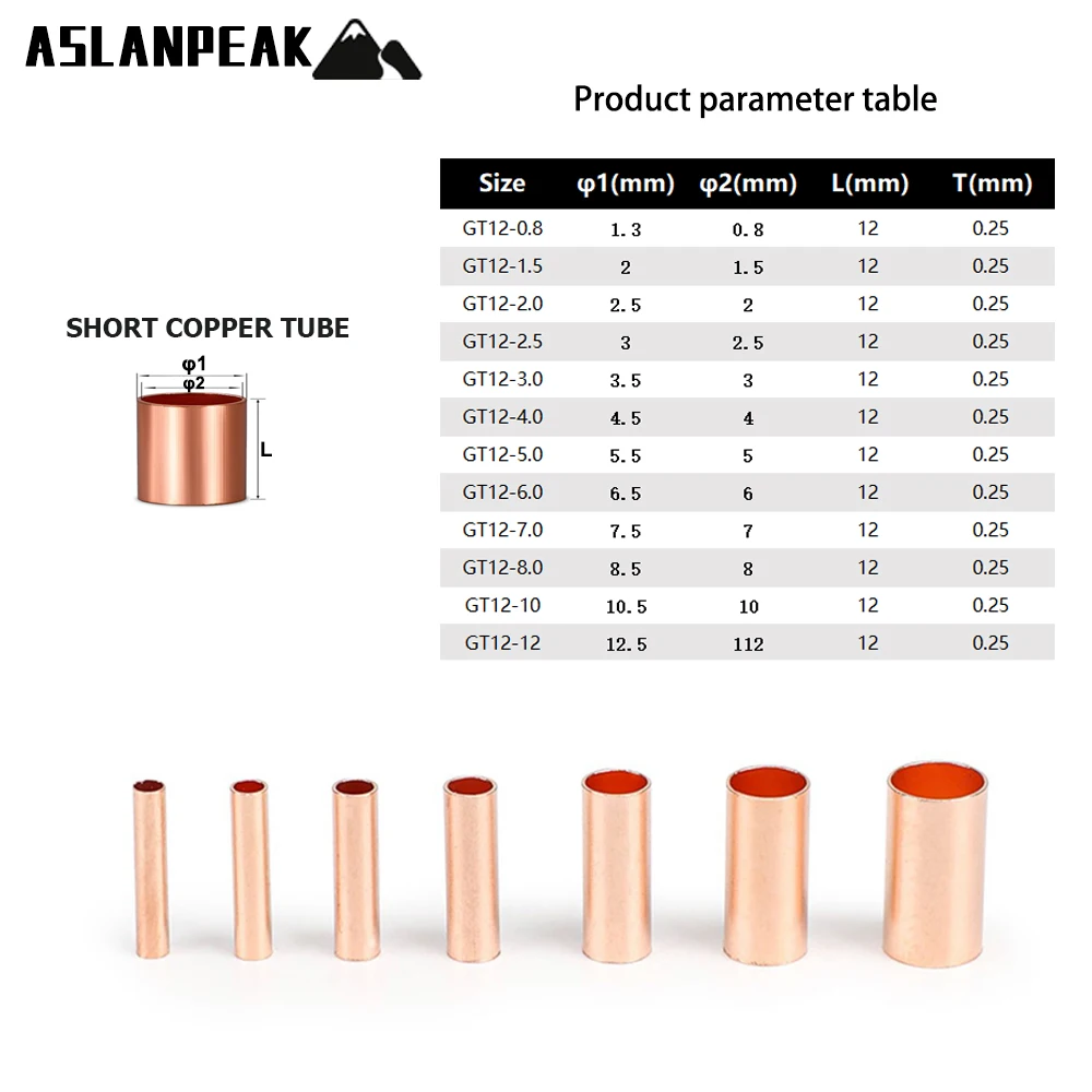 Pure Copper Crimp sleeve tube Wire cable docking joints Small Copper Tube Terminal lug Crimp Connection Sleeve Length 12mm