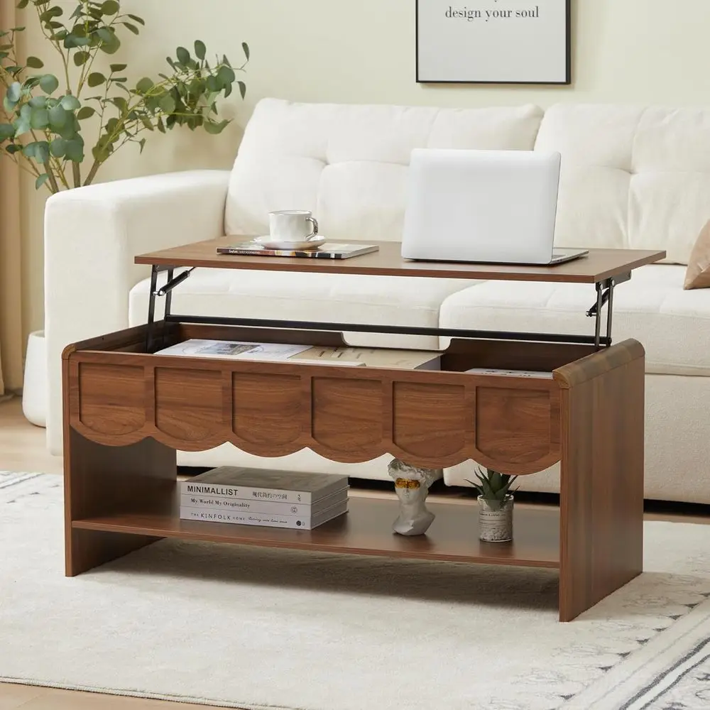 Lit Top Coffee Table with Hidden Compartment, 2 Tier Wooden Center Table with Wave Panel, Living Room Office, Walnut
