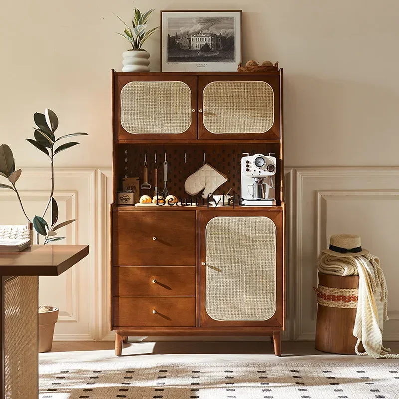 Japanese-style solid wood rattan dining side cabinet double layer with drawers wabi-sabi retro locker