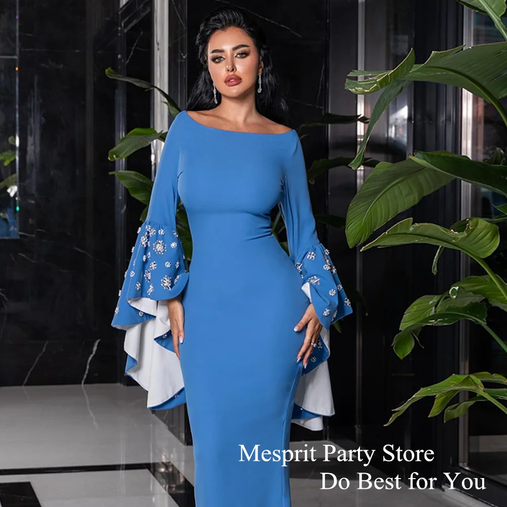 Unique Mermaid Evening Dress Scoop Neck Flare Sleeves Crystal Stones Ankle Length Jersey Saudi Arabian Prom Gown Weddings