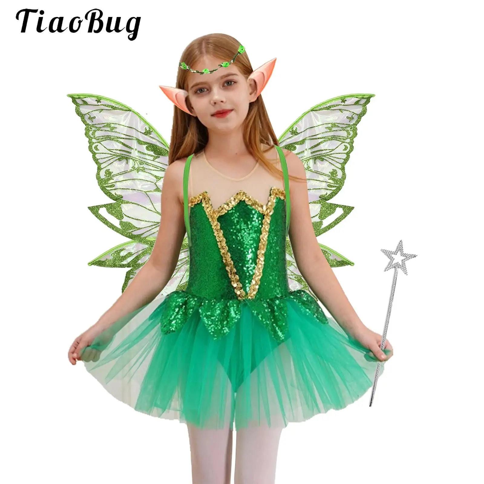 

Fancy Girls Fairy Cosplay Costume Green Sequins Princess Tutu Dress with Butterfly Wings Elf Ears Halloween Xmas Fairy Tale Suit