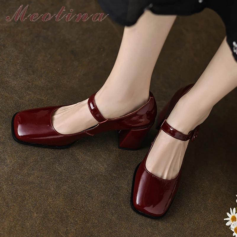 

Meotina Women Genuine Leather Mary Janes Square Toe Block High Heels Pumps Buckle Ladies Fashion Footwear Spring Autumn Brown