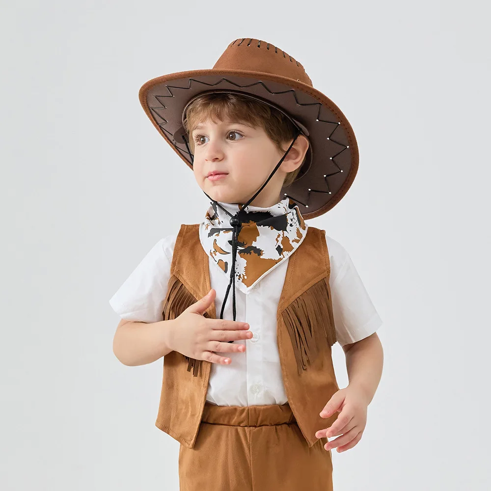 Western Cowboy Hat Children's Faux Leather Suede Wide Brim Cowgirl Jazz Cap Retro Sombrero Caps Cosplay Party Costume Props