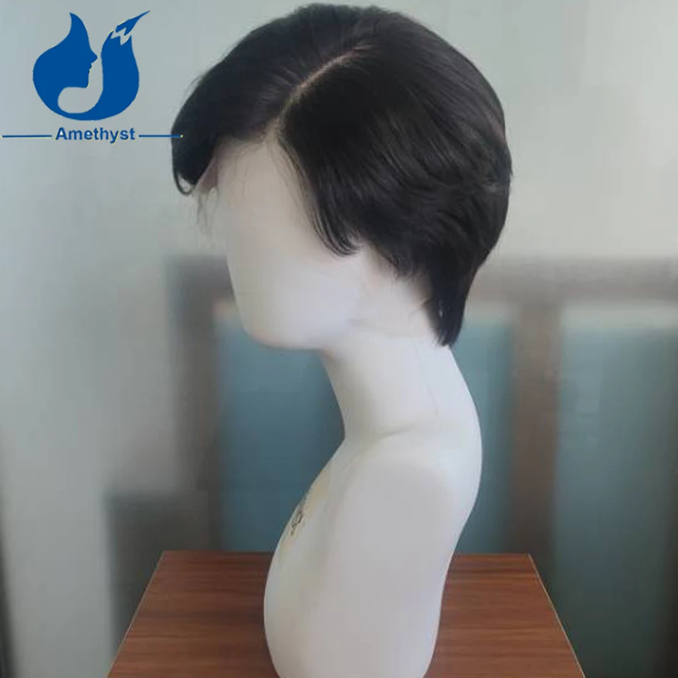 Amethyst Straight Natural Black Human Hair Wig Brazilian Remy Hair Short Pixie Cut for Men Transparent Full Lace Cap Pre Styled