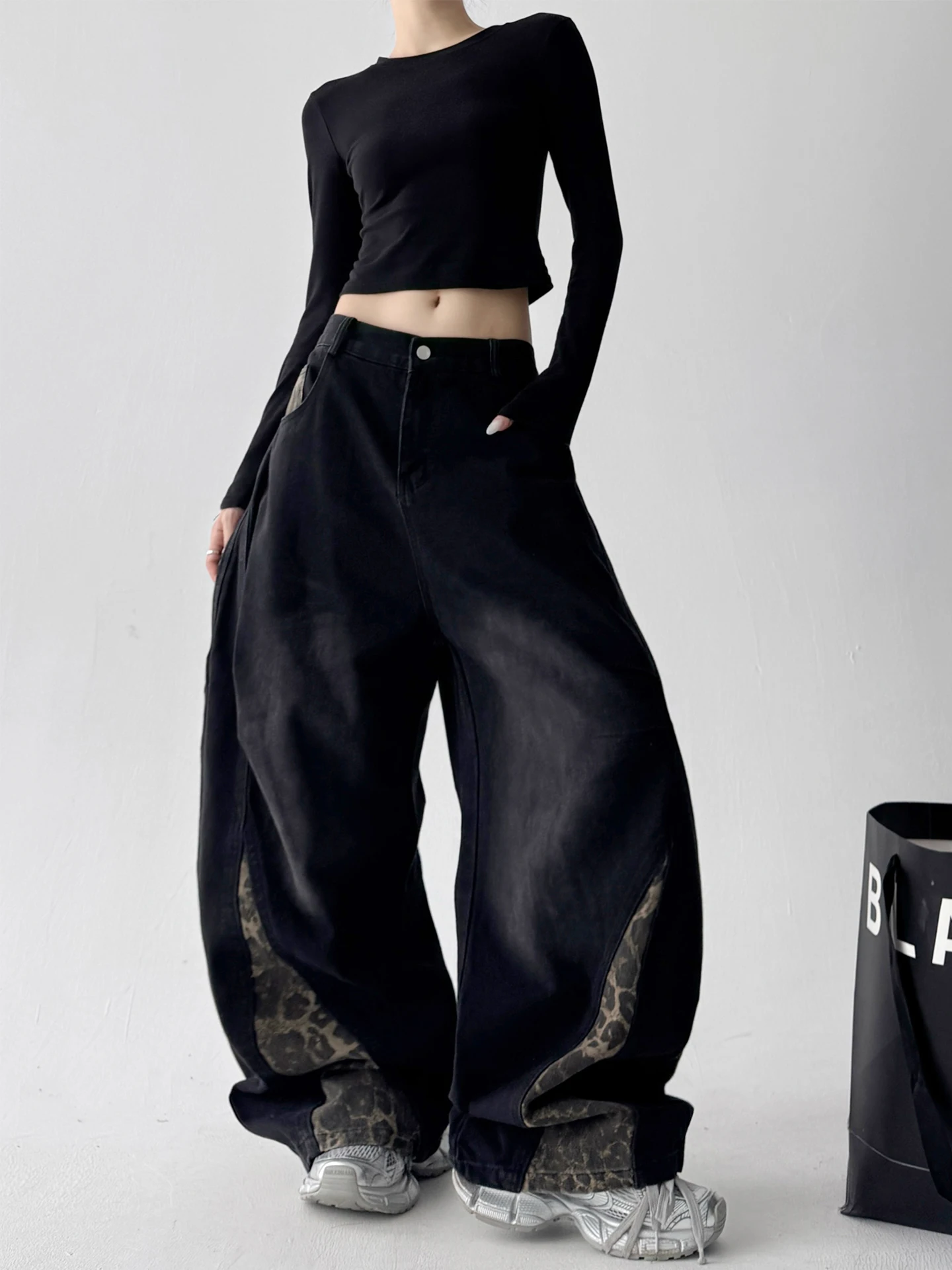 

Черные широкие джинсы, женские свободные джинсы, повседневные, осенние, с высокой талией, из смеси хлопка, с леопардовым принтом, винтажные ощущения