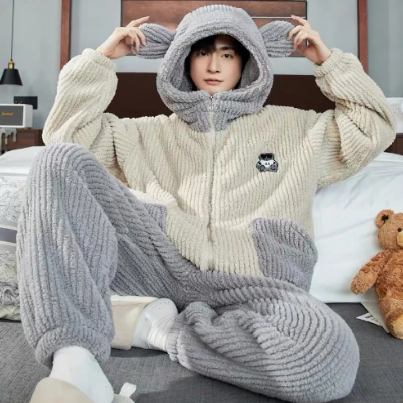 Add Velvet and Thick Pajamas Men  New Autumn and Winter Bear Series Men Loose Home Wear Set Zipper Hooded  Student 2024 Lovely